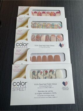 5 new in package Color street nail polish strips. Variety of colours and designs